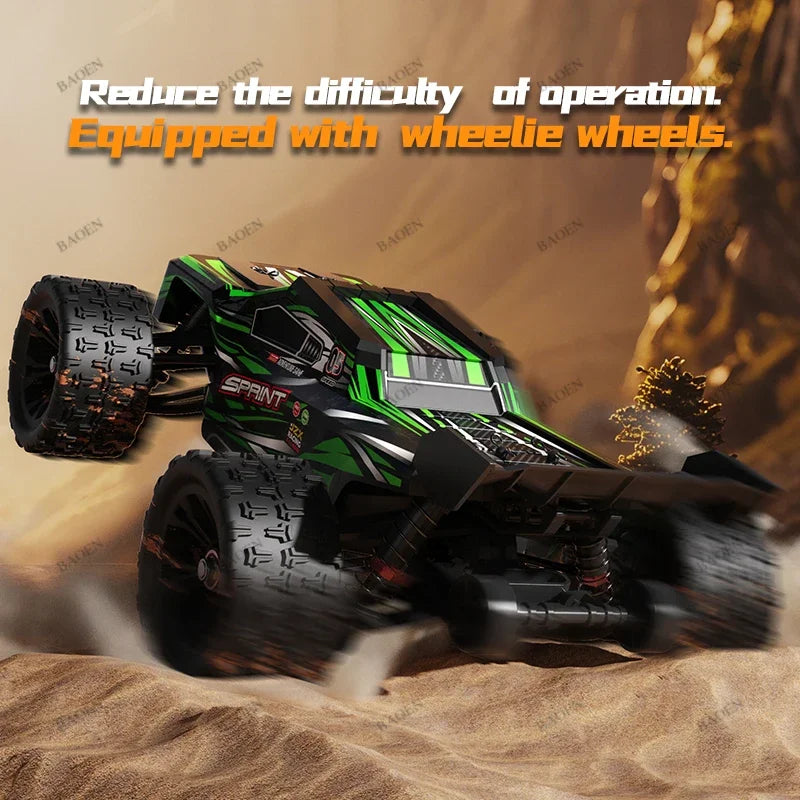 Black and green 1:16 scale high-speed RC monster truck with large off-road tires, racing graphics, and wheelie bars.