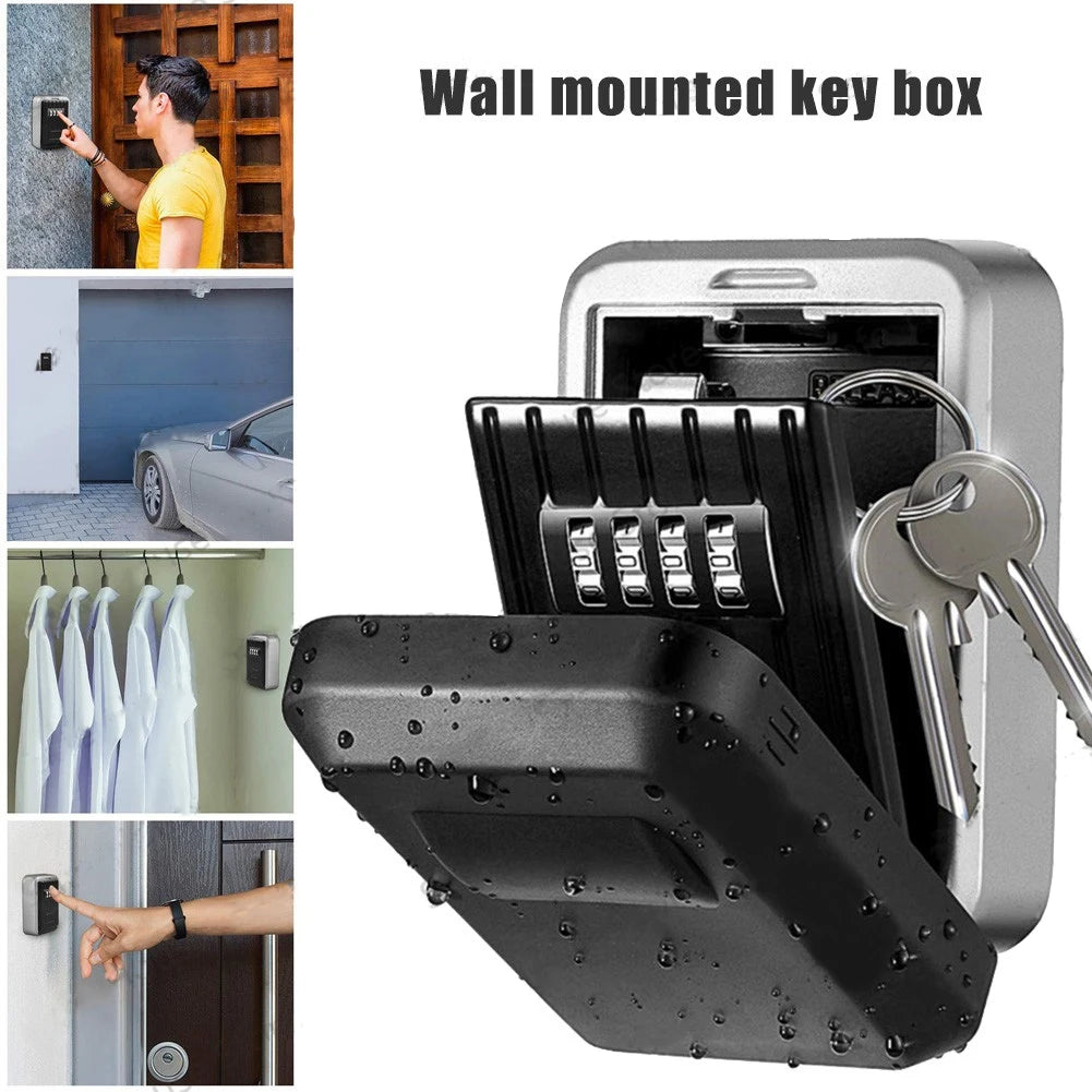 Silver and black wall-mounted metal key lock box with a 4-digit combination dial, shown open with keys inside.