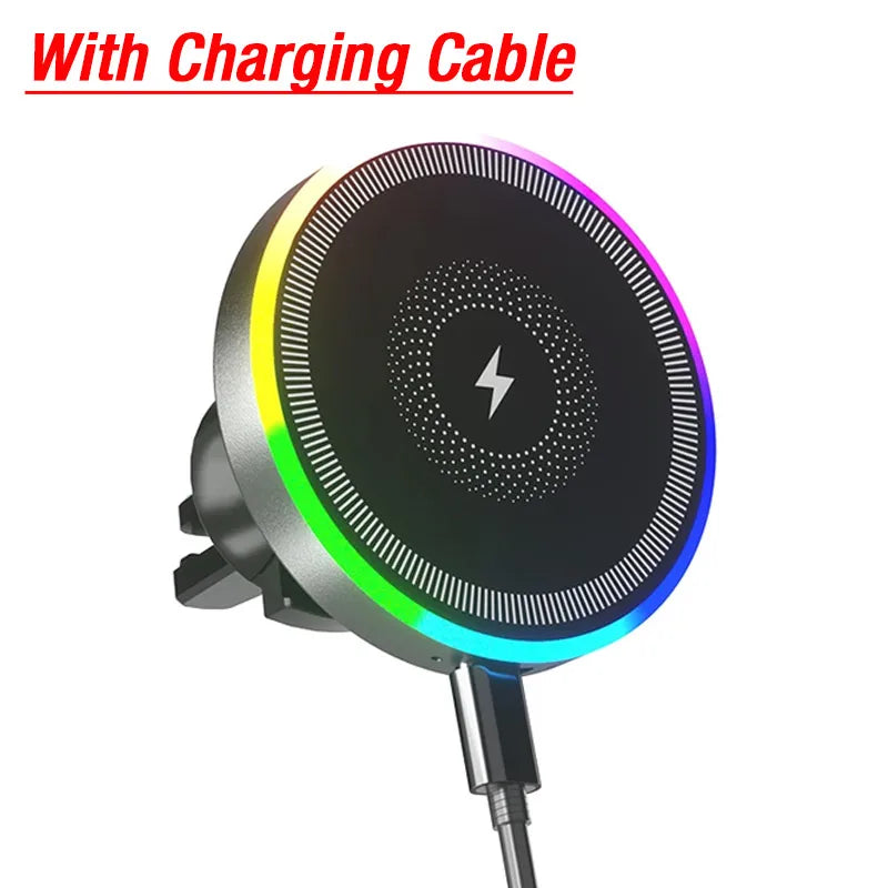 Round wireless car charger with an RGB light ring, textured center, lightning icon, and included charging cable.