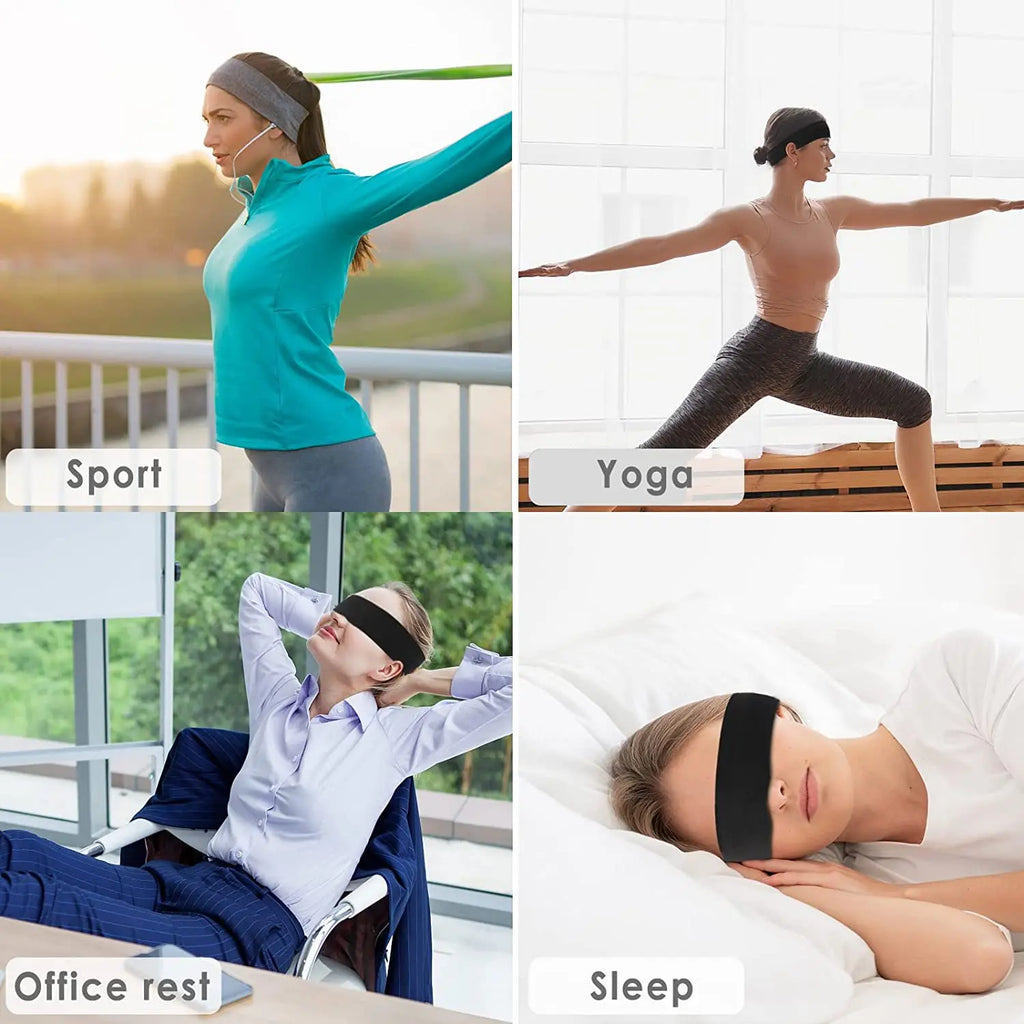 Versatile black fabric headband shown being used for sports, yoga, office resting, and sleeping.
