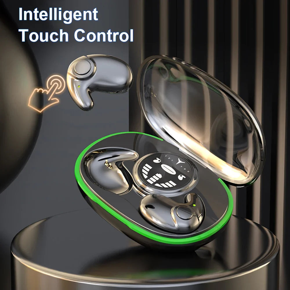 Silver wireless earbuds in a black and neon green charging case with a digital battery display and touch control.