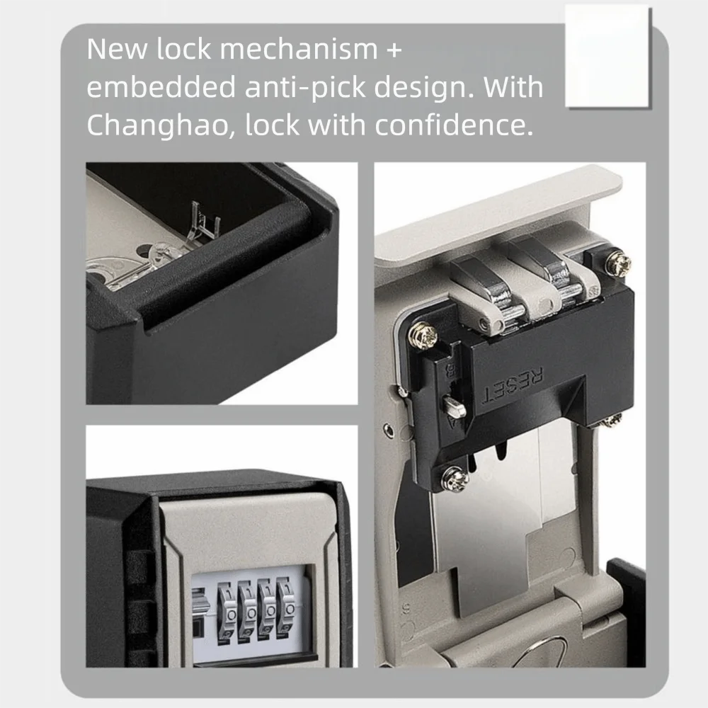 Black and silver metal key lock box with a four-digit combination dial and internal anti-pick security mechanism.
