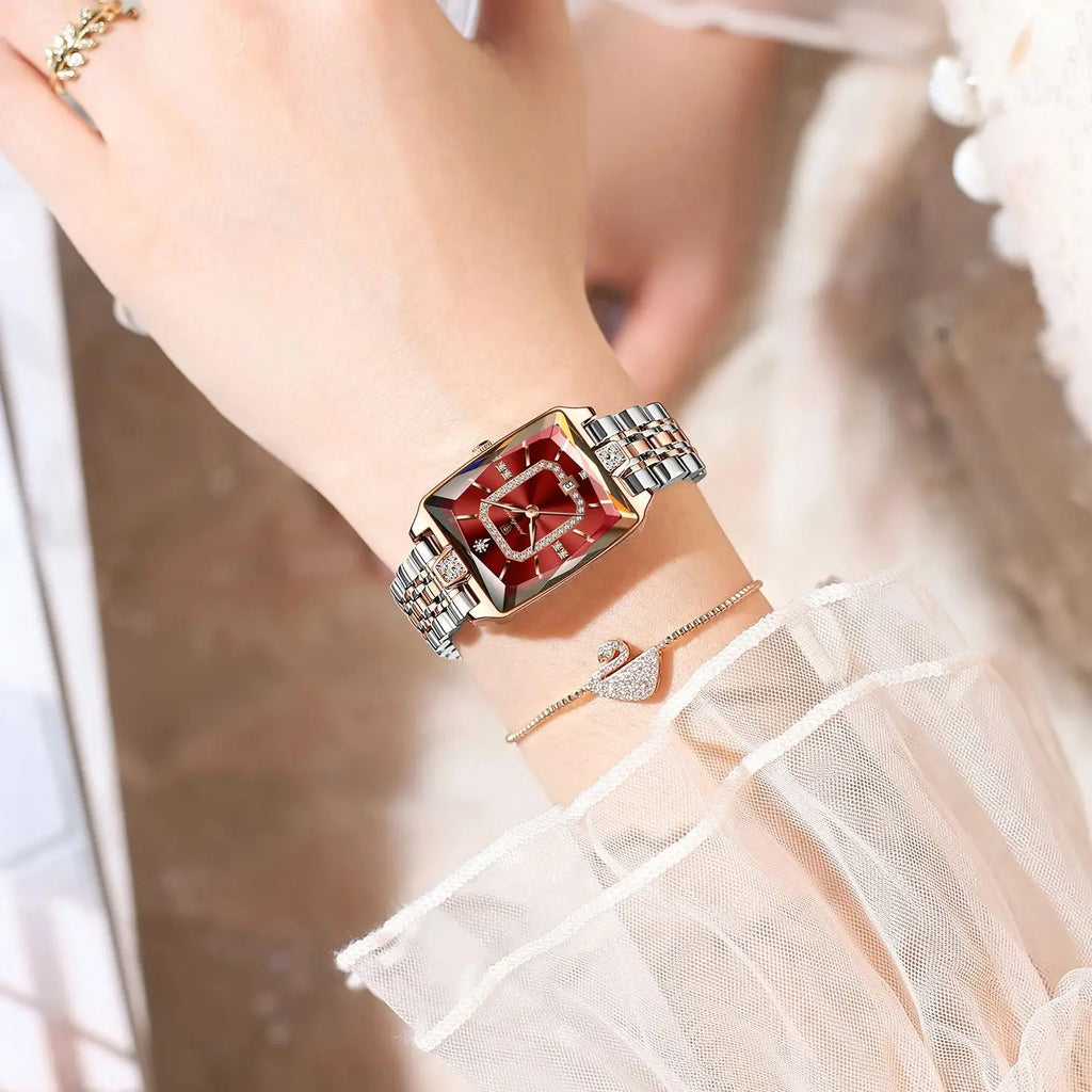 POEDAGAR rectangular quartz watch with red dial, crystal bezel, and silver-gold stainless steel band.