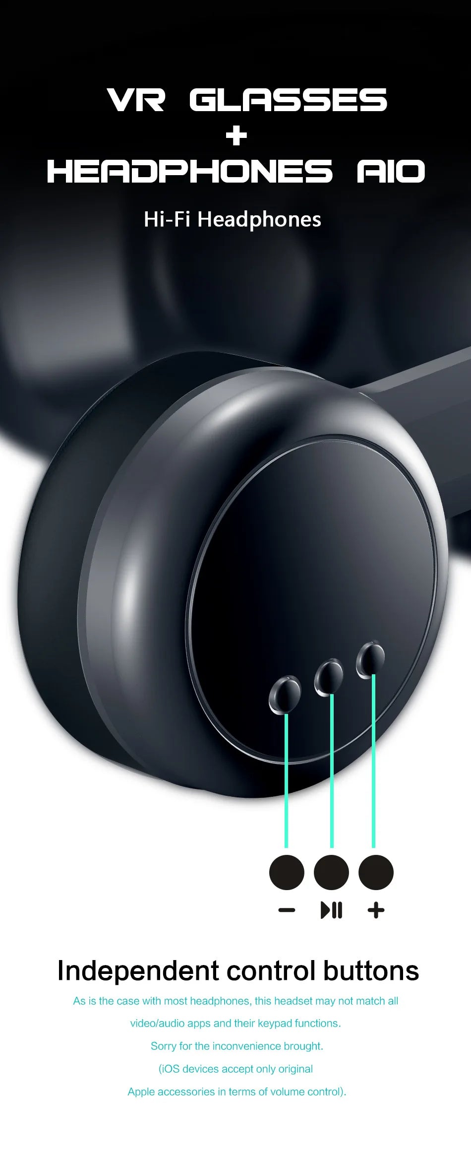 Black all-in-one VR glasses with integrated hi-fi headphones featuring three physical volume and play control buttons.