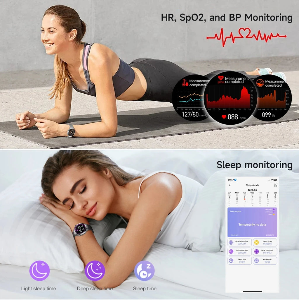 Silver smartwatch with health tracking, displaying heart rate, blood pressure, SpO2 levels and sleep analysis.