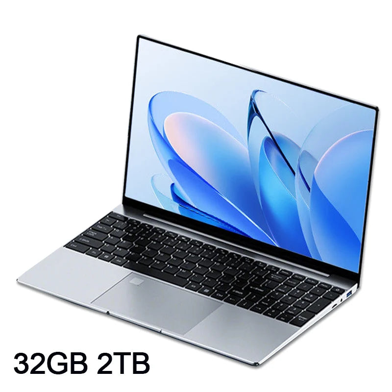Slim silver 15.6-inch laptop with a black keyboard, large trackpad, and vibrant blue abstract screen background.
