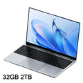 Slim silver 15.6-inch laptop with a black keyboard, large trackpad, and vibrant blue abstract screen background.