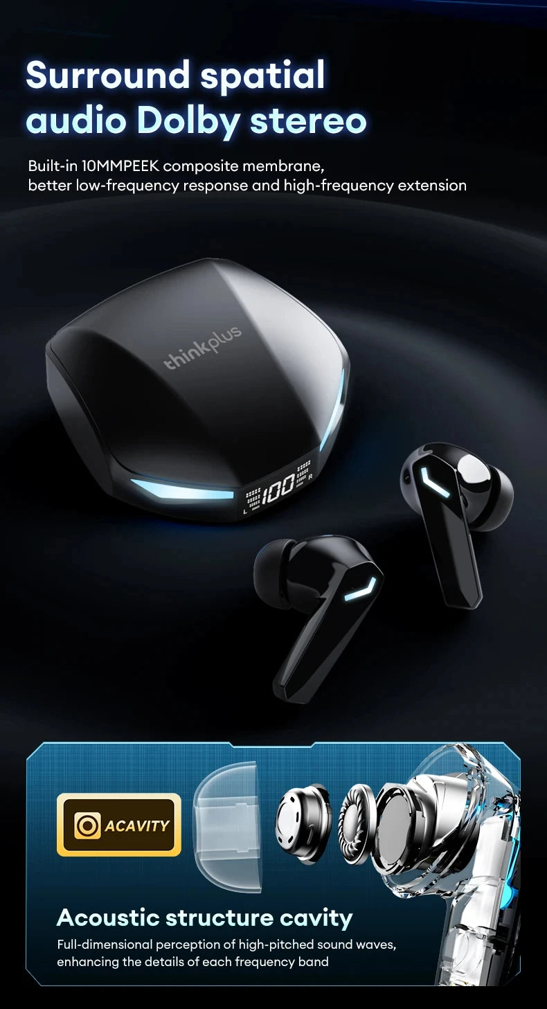 Black wireless earbuds with a glowing charging case and an internal diagram of the acoustic structure.