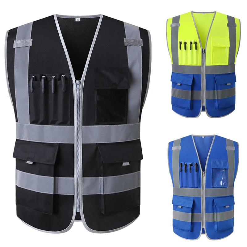 Three hi-vis safety vests in black, yellow-blue, and blue, featuring zip fronts, reflective strips, and tool pockets.