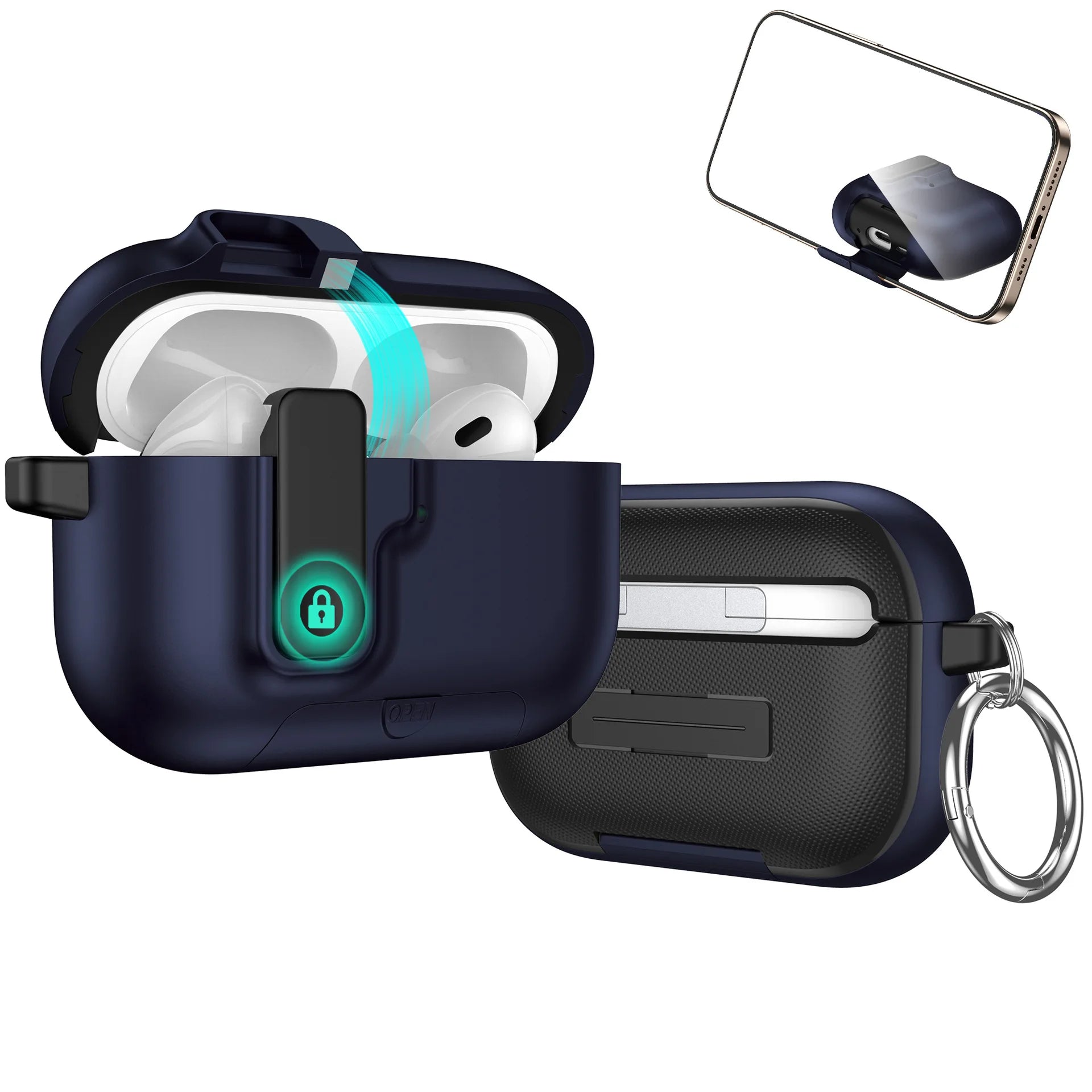Navy blue rugged protective case for AirPods Pro with secure locking mechanism and metal keychain ring.