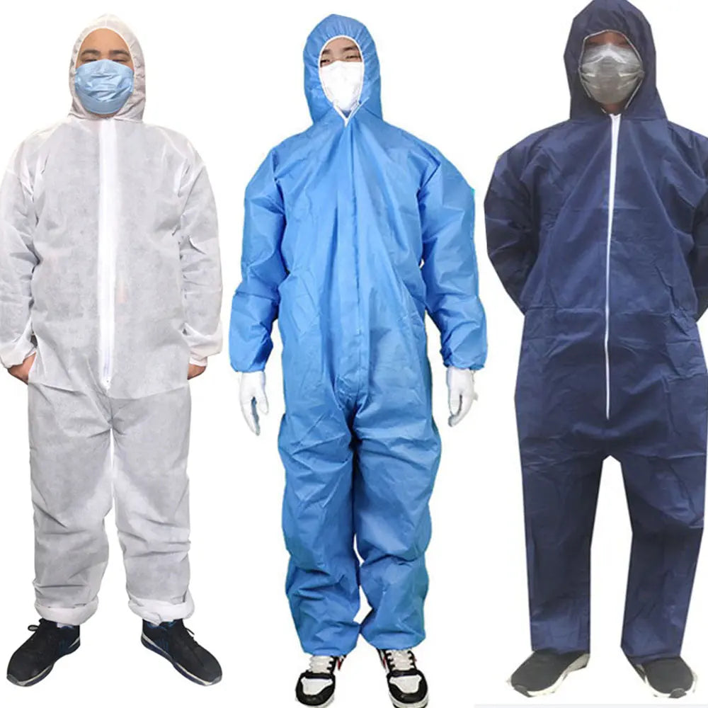 Three people wearing white, blue, and navy protective hooded coveralls made of disposable non-woven fabric.