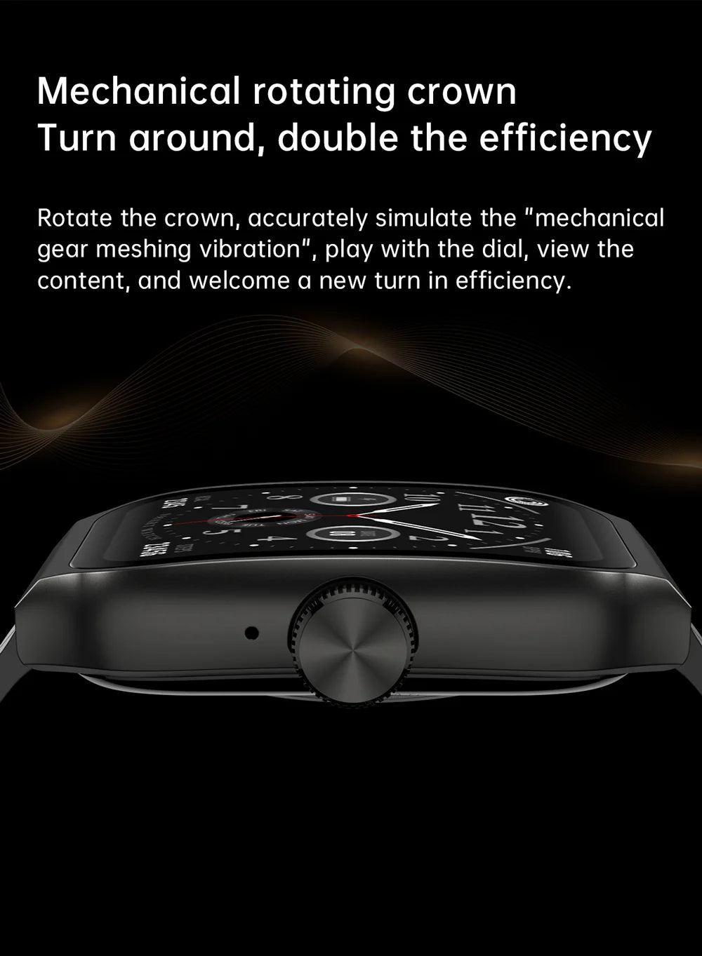 Black smartwatch with 2.01-inch curved screen and a tactile mechanical rotating crown for easy navigation.