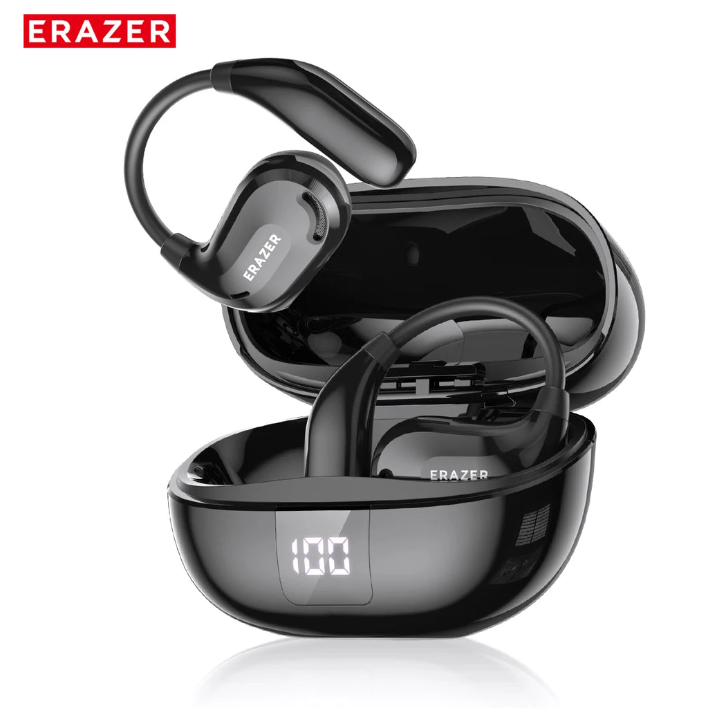 Glossy black open-ear wireless earbuds with ear hooks, stored in a charging case with a digital battery display.