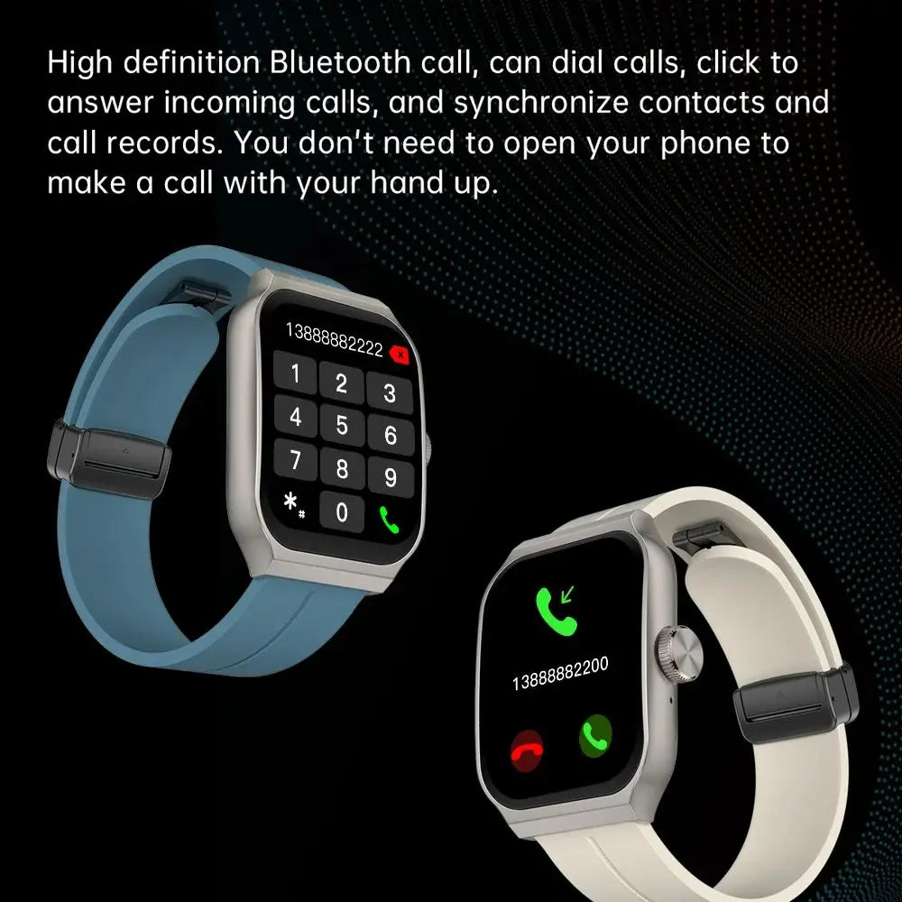 Two smart watches with 2.01-inch curved screens, featuring blue and white straps, showing call and dial interfaces.