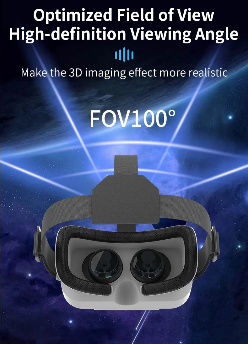 White smartphone VR headset with black adjustable straps and cushioned face mask, featuring a 100-degree field of view.