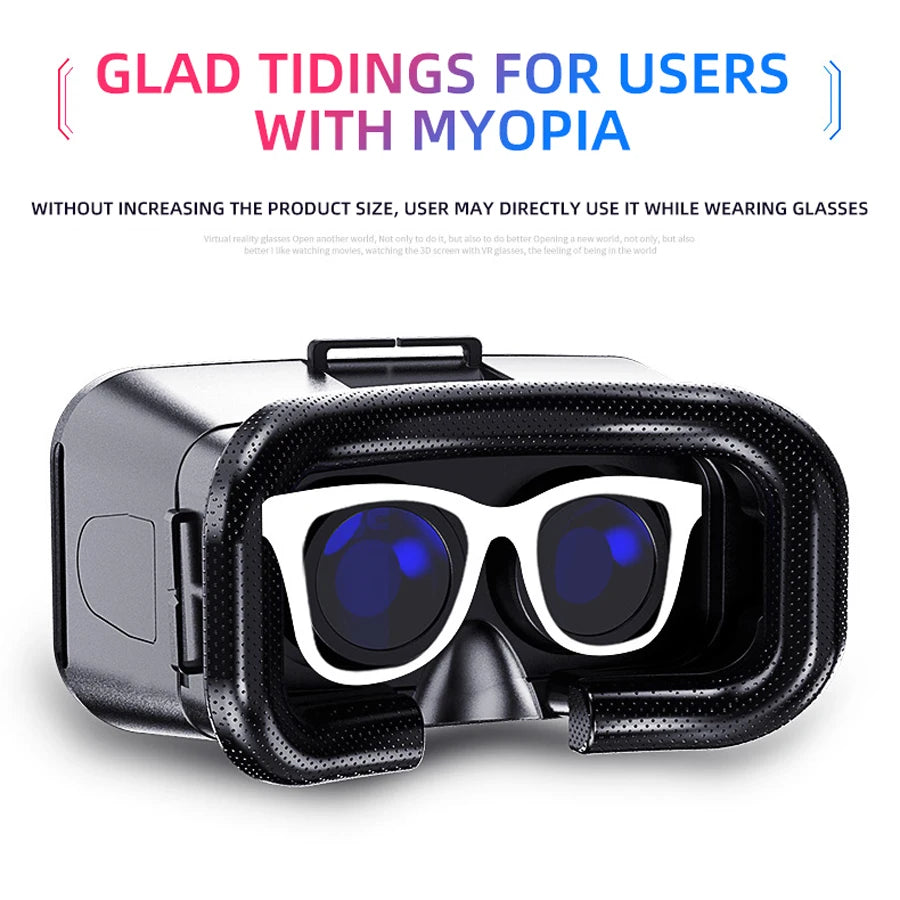 Black VR headset with a textured face cushion, featuring built-in white eyeglasses with blue lenses.
