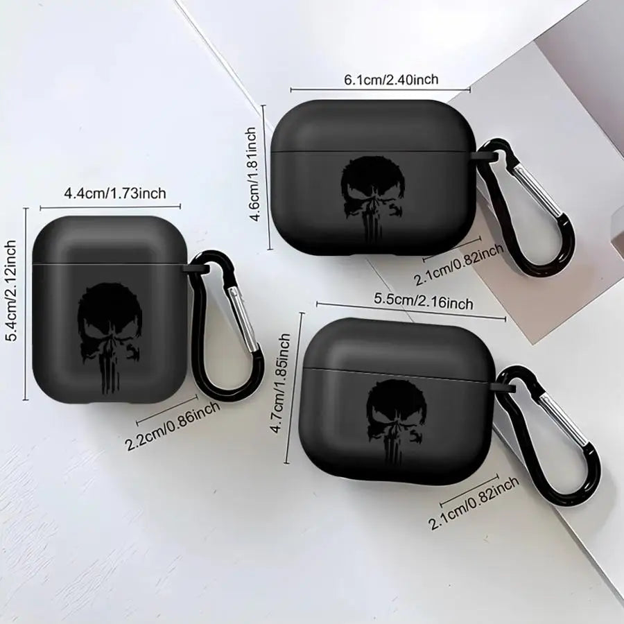Black silicone AirPods cases with skull print, featuring keyrings, shown with product dimensions.