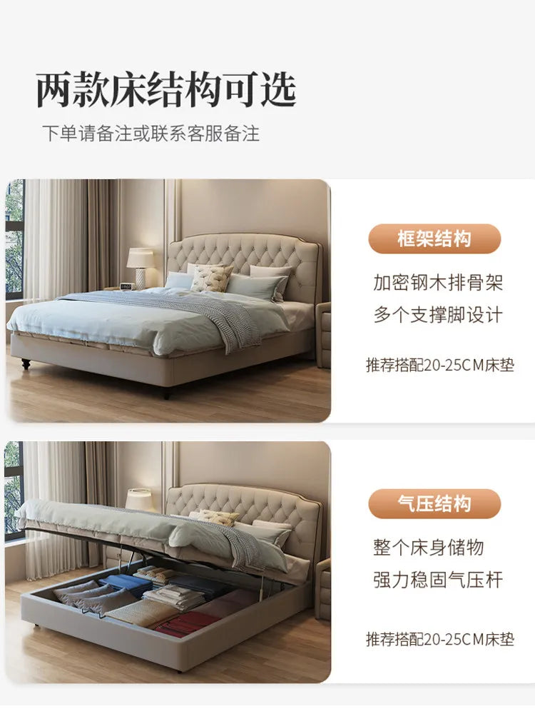 Modern luxury cream upholstered queen bed frame with button-tufted headboard, shown with and without storage lift.