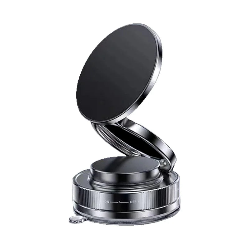 A sleek, black and silver metallic magnetic phone mount for a car, featuring an adjustable, foldable hinge design.