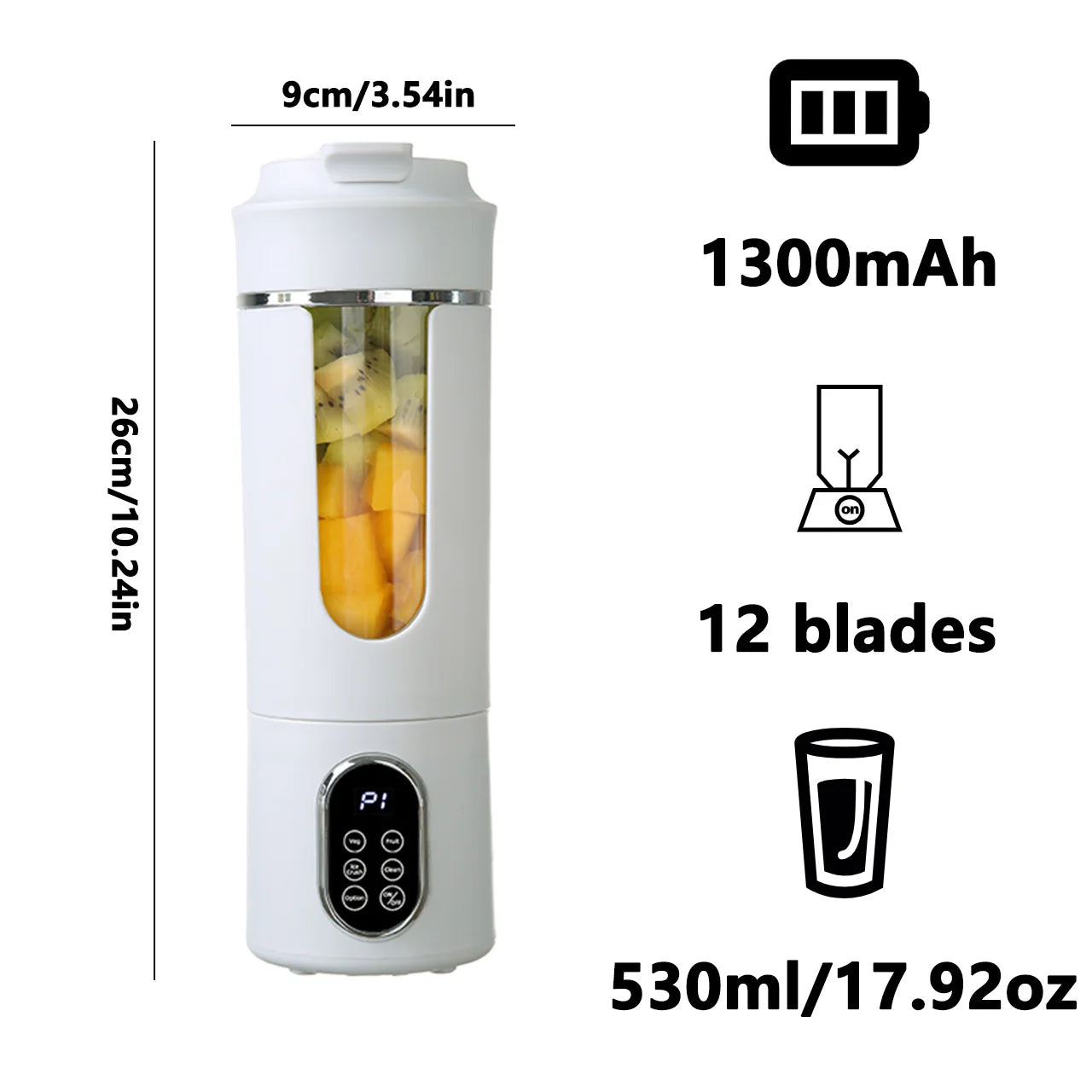 White portable electric blender with 12 blades, 1300mAh battery, 530ml capacity, and digital control panel.