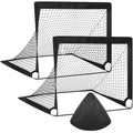 Two black foldable football goals with nets and a matching black training cone on a white background.