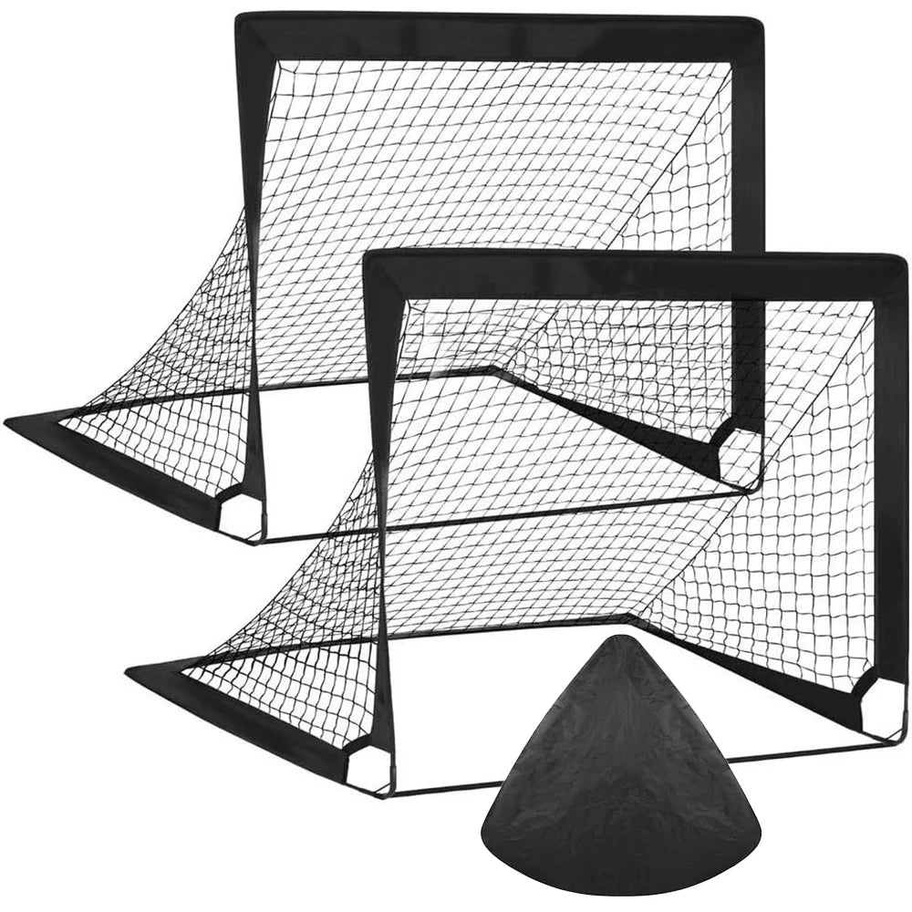Two black foldable football goals with nets and a matching black training cone on a white background.