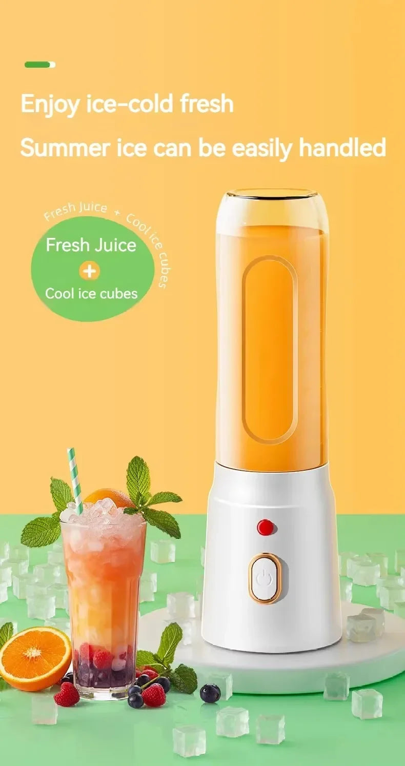 A sleek, white portable personal blender with orange juice, next to a refreshing fruit drink on a yellow background.