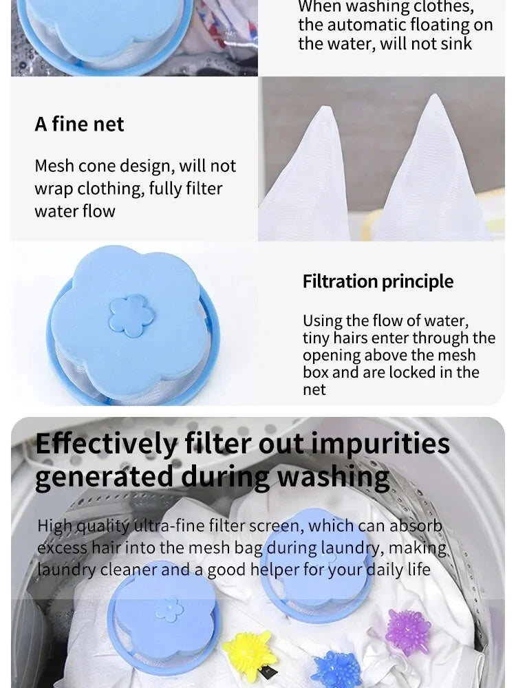Blue flower-shaped floating laundry mesh bags for capturing hair and lint in washing machines.