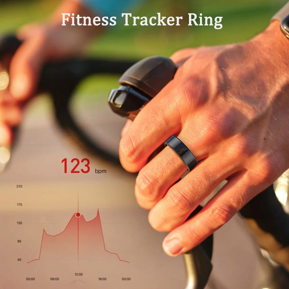Sleek, black smart fitness ring worn by a cyclist, showing a live heart rate monitor graph overlay.