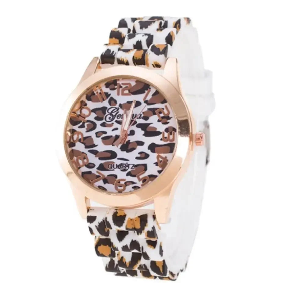 Women's quartz watch featuring a leopard print silicone strap and matching dial with a rose gold-tone casing.
