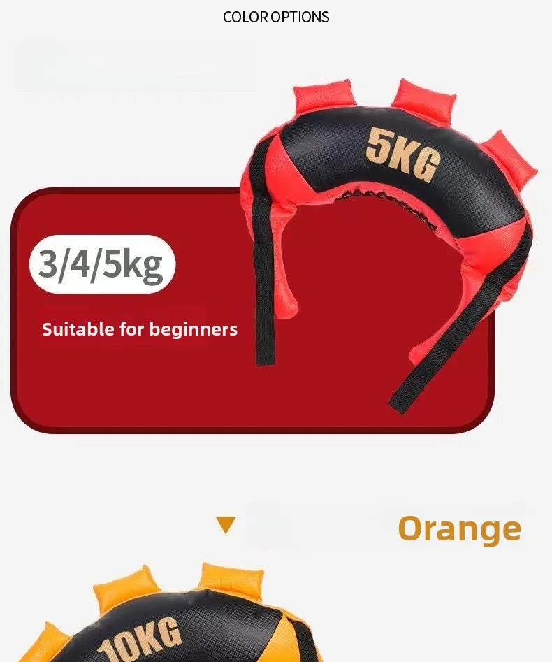 Red and orange weighted Bulgarian training bags with black accents, designed with multiple handles for home fitness.