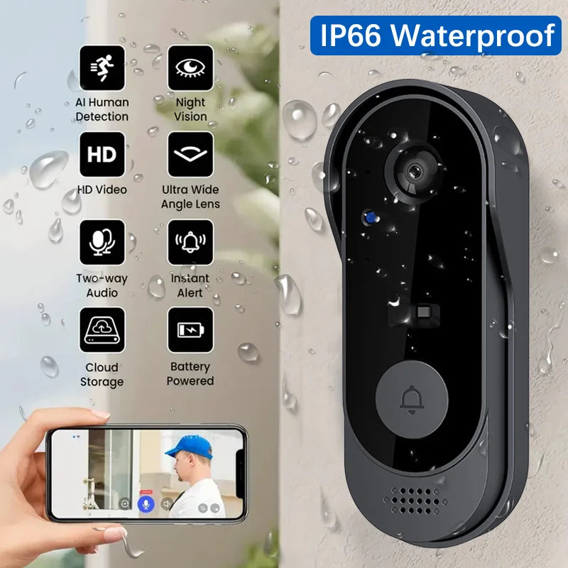 Sleek, dark grey wireless smart video doorbell with HD camera, night vision, and waterproof design.