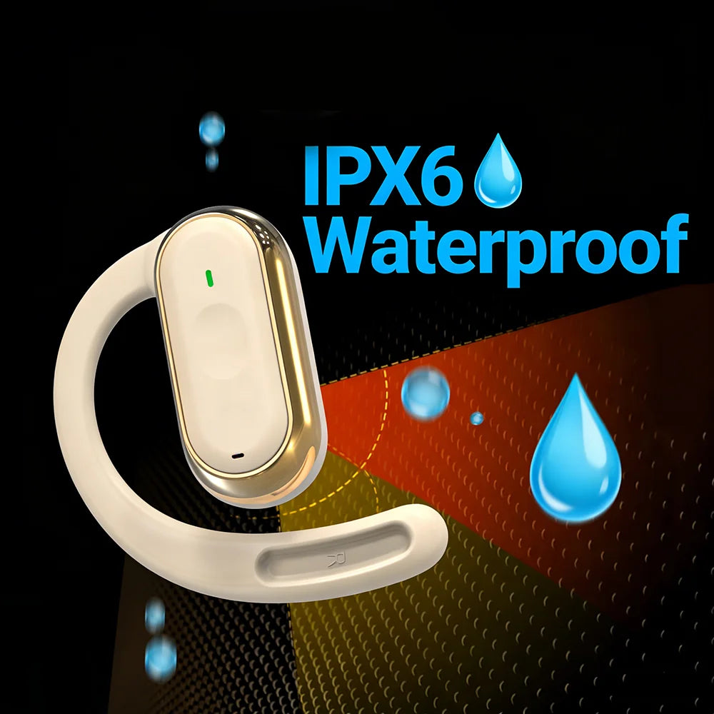 Cream and gold wireless ear hook headphone with IPX6 waterproof rating, shown with water droplets against a dark backdrop.