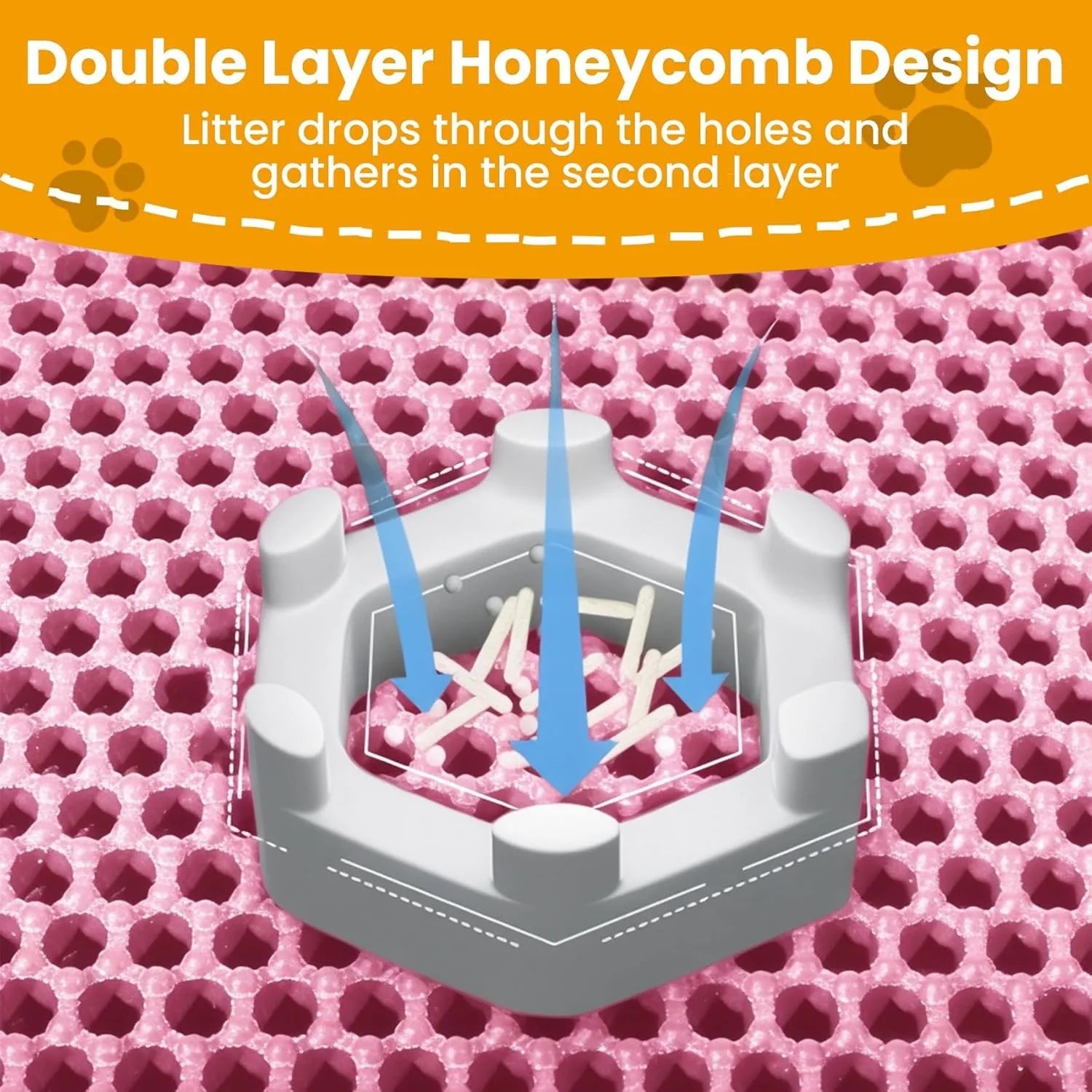 Pink, double-layer cat litter mat with a honeycomb top design to trap litter.