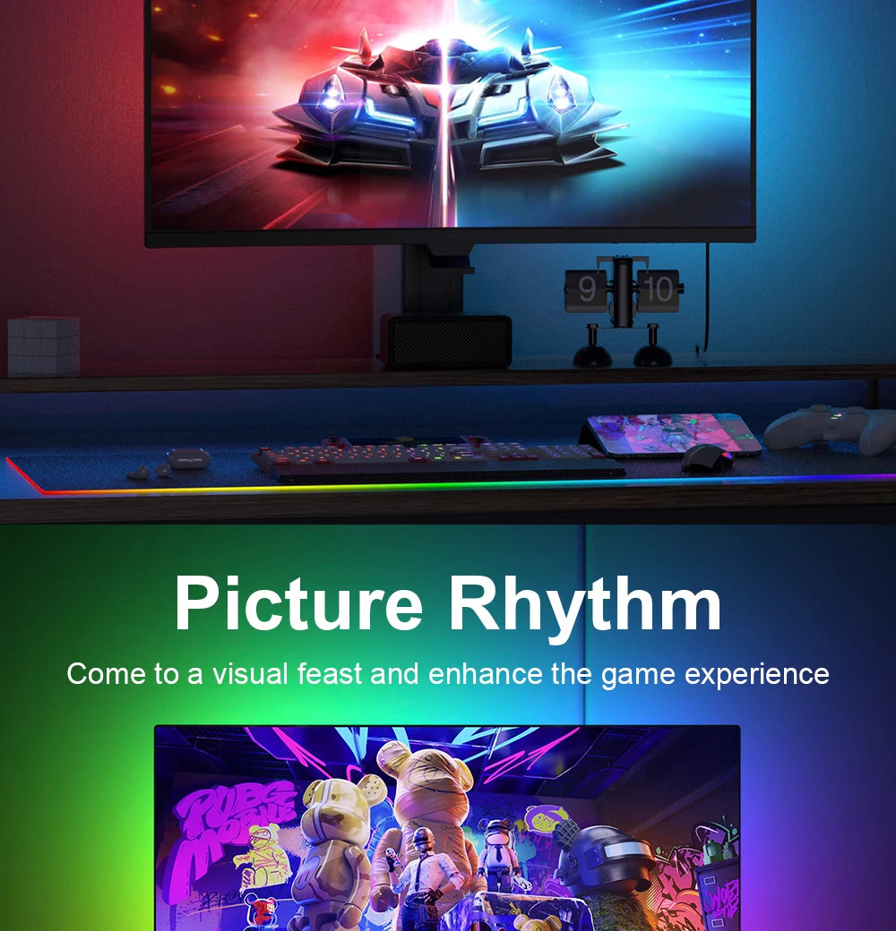 Smart LED backlighting strip casting vibrant, immersive colour-sync light behind a gaming monitor and desk.