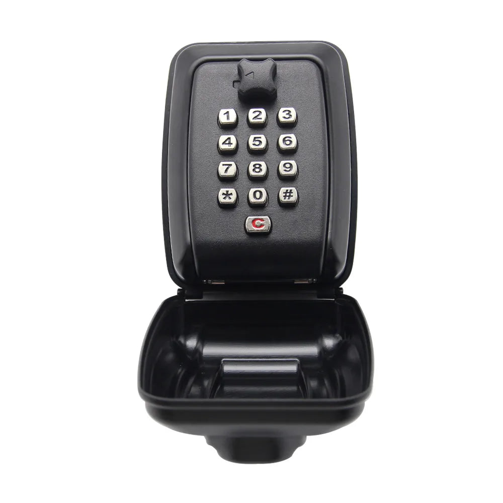Black metal wall-mounted key lock box with an open door and a push-button numerical keypad.