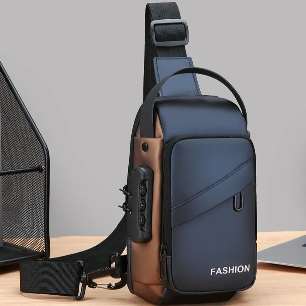 Navy blue and bronze anti-theft chest bag with adjustable strap, integrated combination lock, and USB charging port.