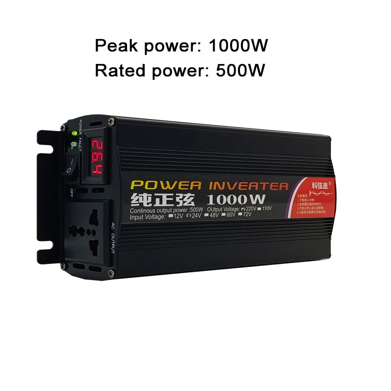 Black power inverter with LED display, on/off switch, AC output socket, and 500W rated power specifications.