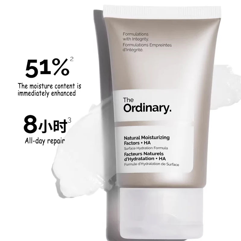 A beige squeeze tube of Natural Moisturizing Factors + HA cream with a white cap and a swatch of white cream.