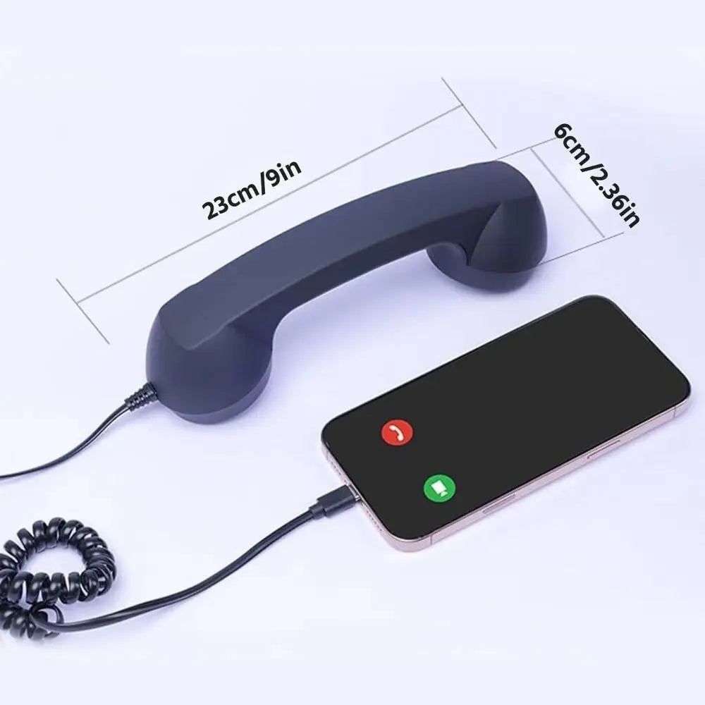 Matte black vintage-style telephone handset with a coiled cable connected to a smartphone. Measurements shown.