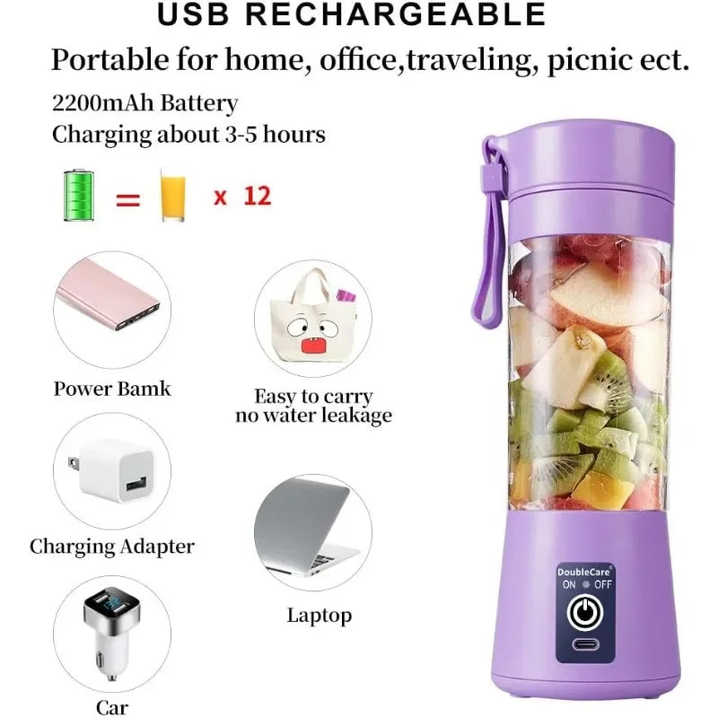 Portable purple USB rechargeable blender filled with fruit, featuring a carry strap and power button.