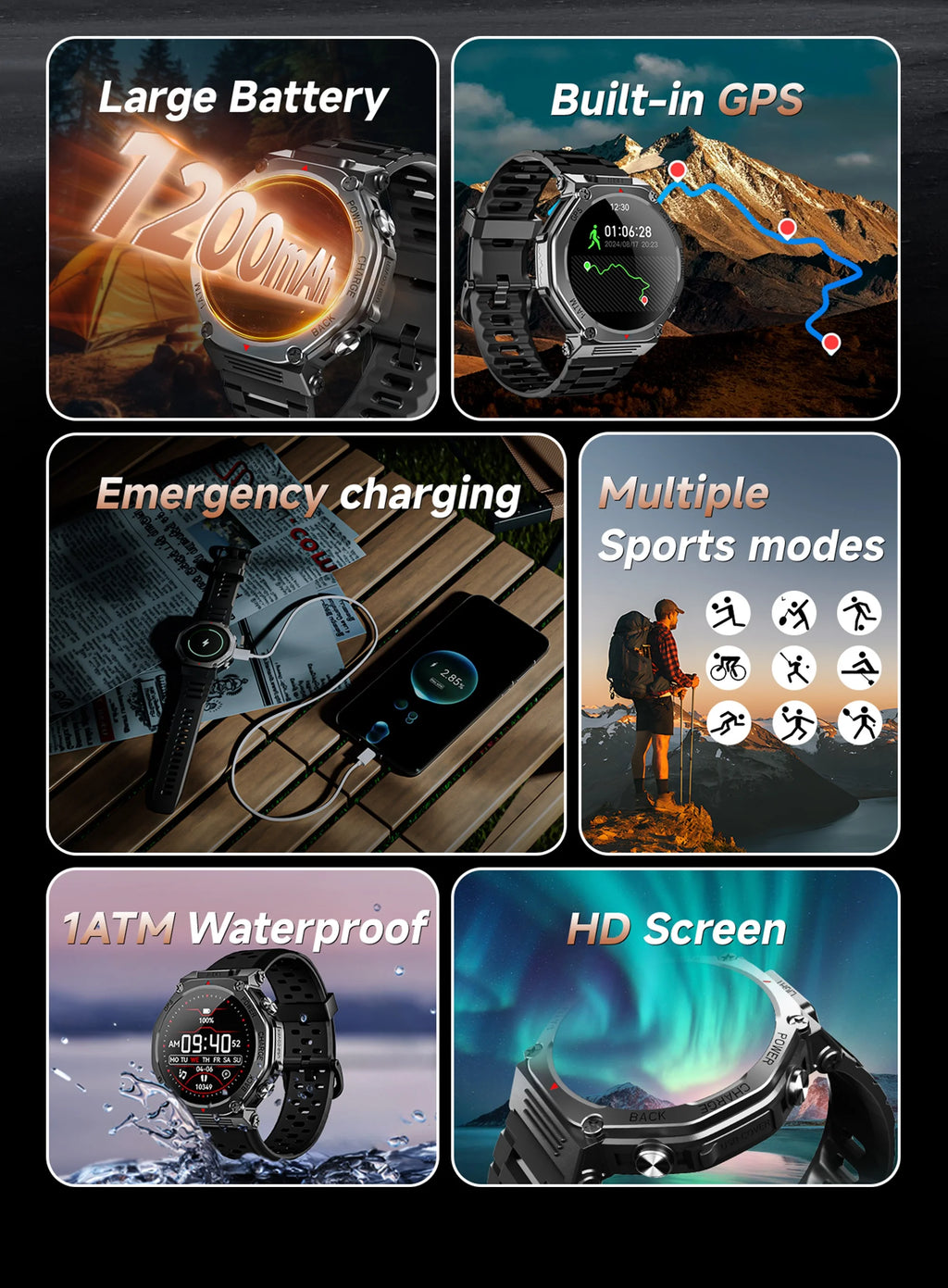 Rugged black smartwatch featuring GPS, HD screen, waterproof casing, sports modes, and long-lasting battery.