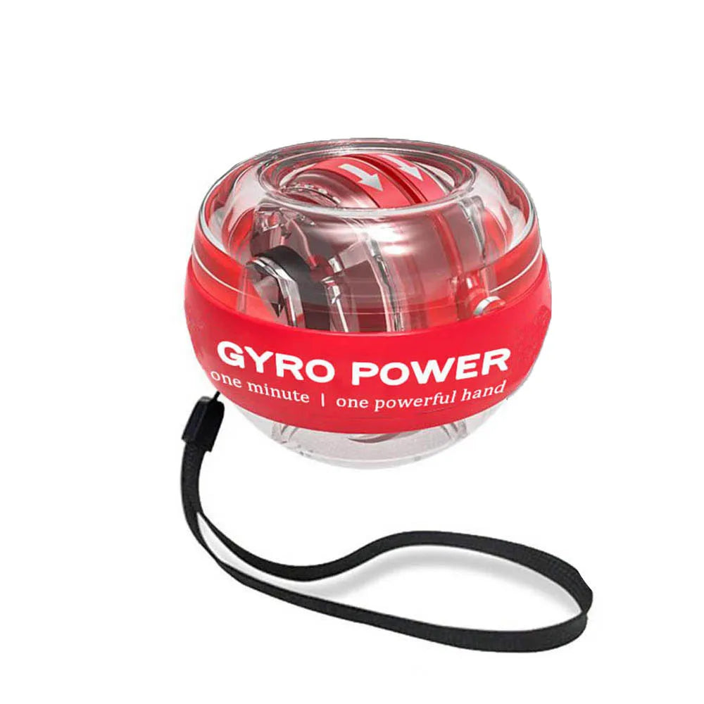 Red Gyro Power wrist exerciser ball with clear casing, internal rotation mechanism, and a black wrist strap.