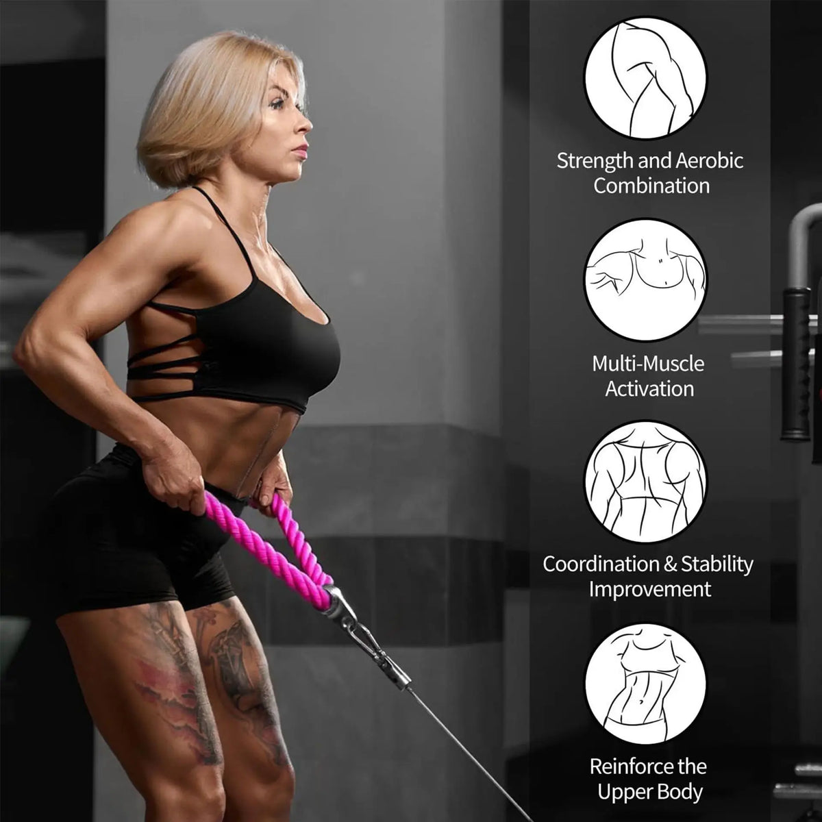 A blonde woman in a gym uses a pink cable rope attachment, with four diagrams showing upper body muscles.
