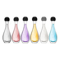Six glass perfume bottles in a teardrop shape with round black caps, filled with various coloured liquid fragrances.