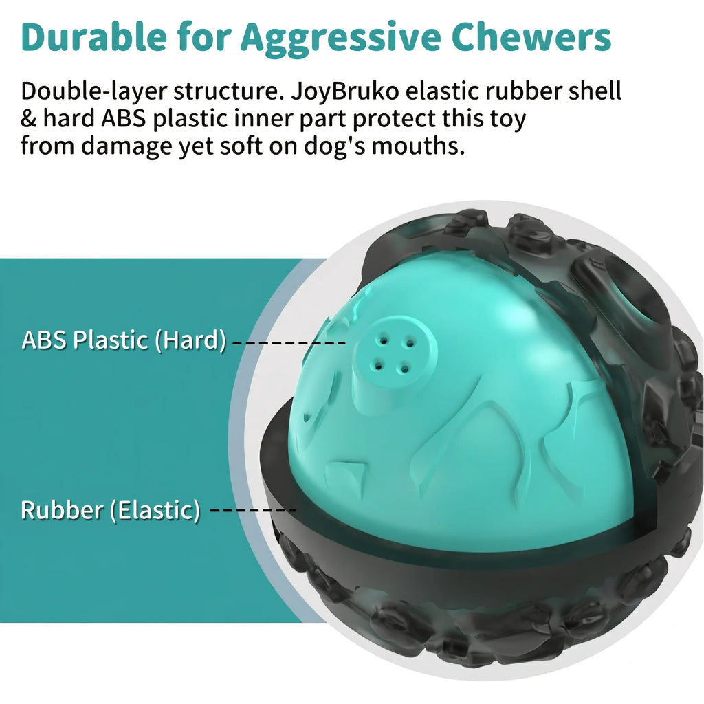 Durable dog giggle ball showing a teal hard plastic core inside a black elastic rubber outer shell.