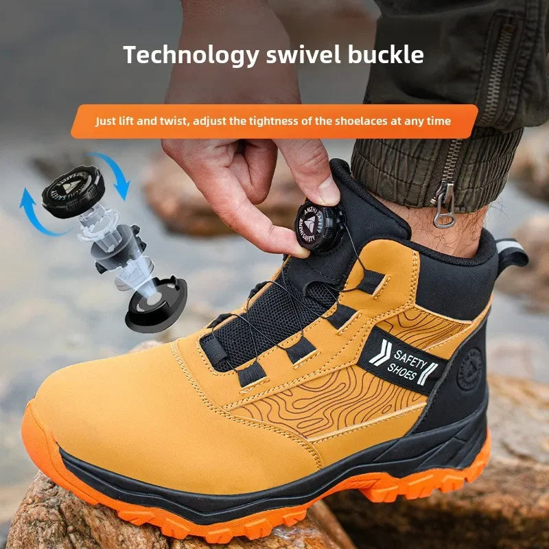 Yellow and black high-top safety work boot with a rotating lacing button, steel toe cap, and thick rubber outsole.
