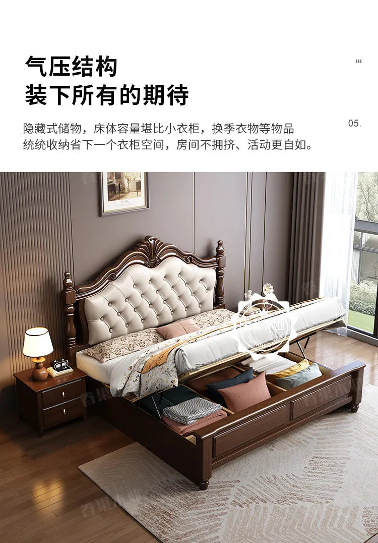 Retro dark wood double bed with a tufted cream headboard and an open gas-lift storage base revealing internal sections.
