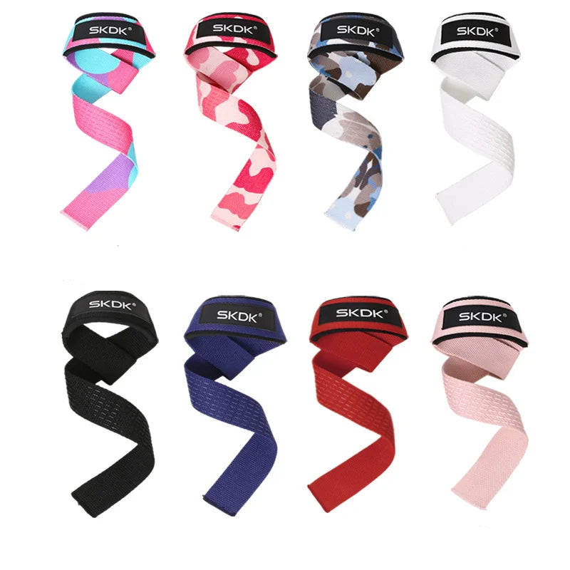 Eight SKDK weightlifting straps in various colours and camo prints, displayed in two rows.