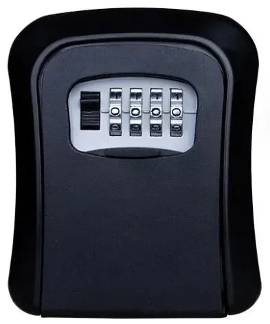 Black metal wall-mounted key lock box with a four-digit combination dial and a sliding release latch.